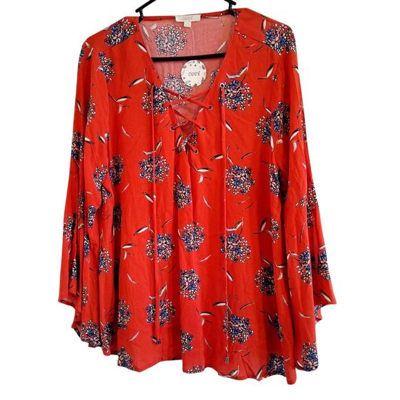 Oddi Women's Long Sleeve Red Floral Blouse Large Bell Flare Sleeve‎  NWT!! - Picture 1 of 6